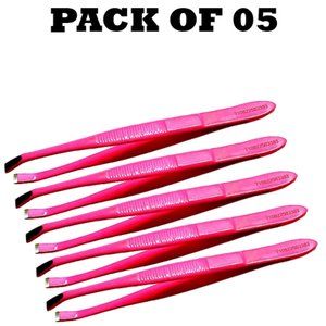 Forgica Professional Stainless Steel Plain Coated Pink Tweezers Pack of 05